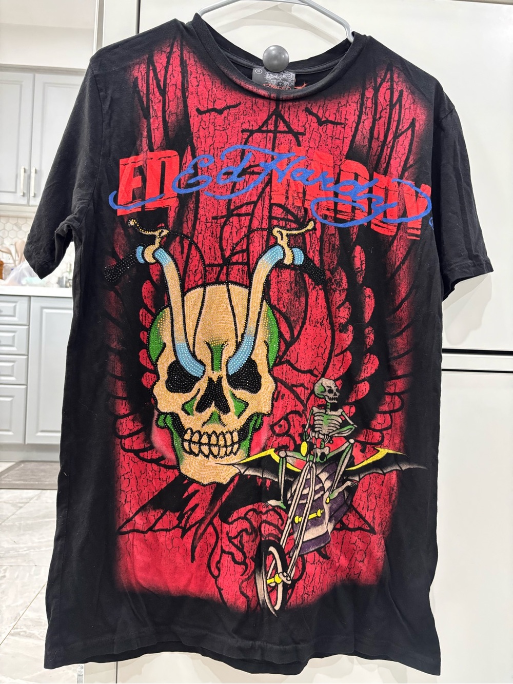VINTAGE Ed Hardy Men's Black Graphic Skull Tee Rhinestone Christian Audigier-
